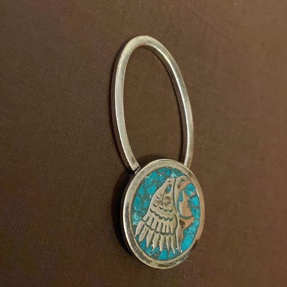 Vintage crushed turquoise inlay tribal key ring Mexico Taxco 925 - Picture 11 of 13